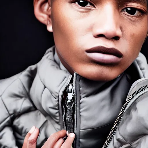 Image similar to realistic photoshooting for a new balenciaga lookbook color film photography close up portrait of a beautiful woman model, model wears a puffer jacket, photo in style of tyler mitchell, ssense