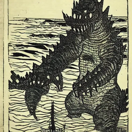 Image similar to 19th century woodcut, godzilla attacking tokyo