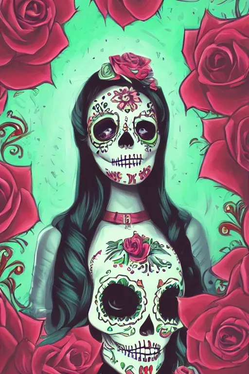 Prompt: illustration of a sugar skull day of the dead girl, art by andreas rocha