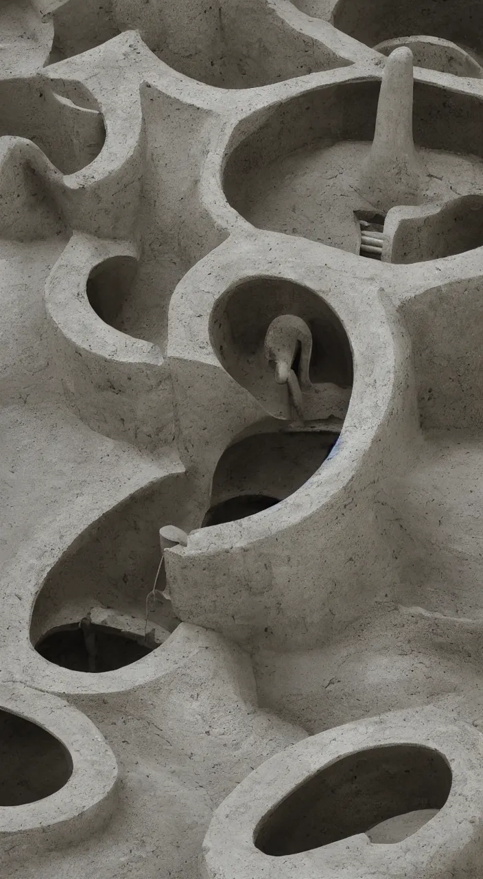 Prompt: a stream of water flowing into a machine made from clay amphoras and producing a coin, in the style of Carlo Scarpa, architectural photograph , isometric views, infrastructure, kidneys, marble texture , 8k