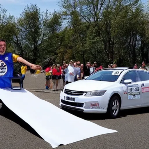 Image similar to car made of toilet paper is winning the race