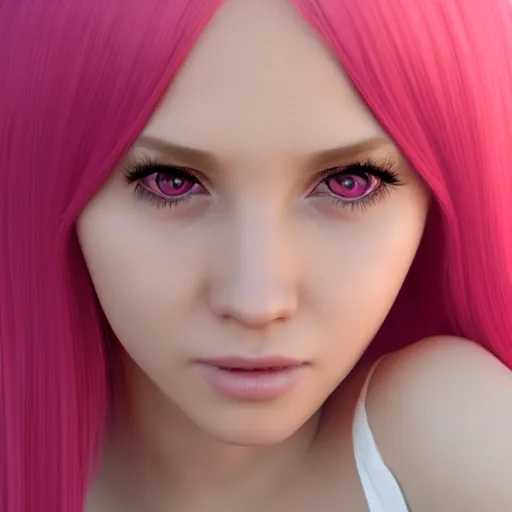 Prompt: A portrait of Nikki from Shining Nikki, a cute 3d cgi toon young woman with long pink hair, full bangs, hazel amber eyes, full face, light makeup, pale skin, Chinese, medium shot, mid-shot, soft focus, 4k, trending on artstation