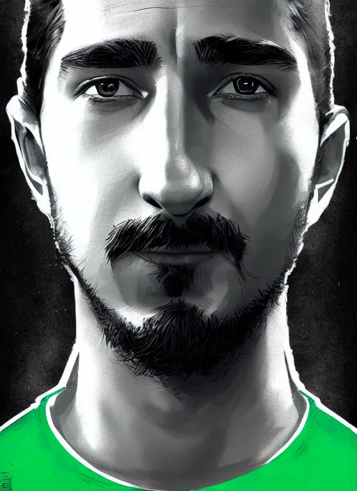 Image similar to highly detailed closeup portrait motivational poster of shia lebouf with large bold letter motivational words by greg rutkowski, by artgerm, gradient green, black and white color scheme, black border