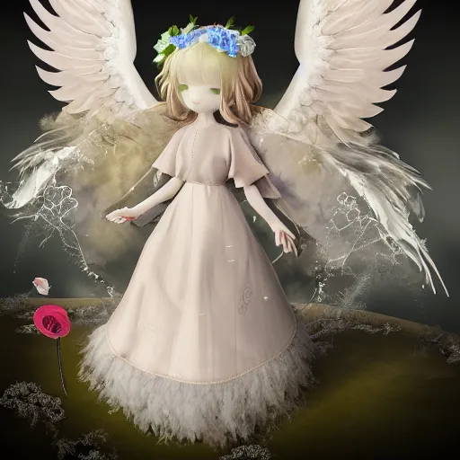 Image similar to cute fumo plush of a divine angel, gothic maiden, ribbons and flowers, ruffled wings, feathers raining, particle simulation, clouds, vray, horror storybook illustration