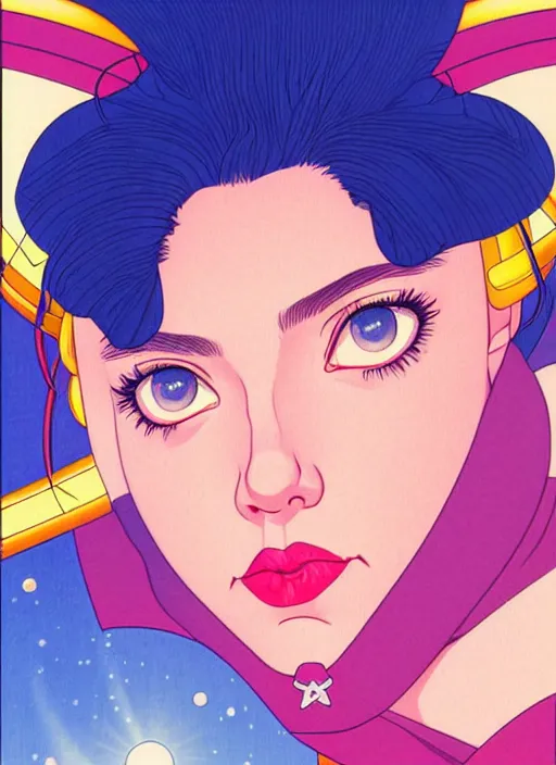 Image similar to perfectly centred realistic portrait of scarlett johansson as a sailor moon, lying on pillow, early morning, close - up shot, light falling on face, futuristic, highly detailed, 8 0 - s style poster, sharp focus, illustration, art by kawase hasui,