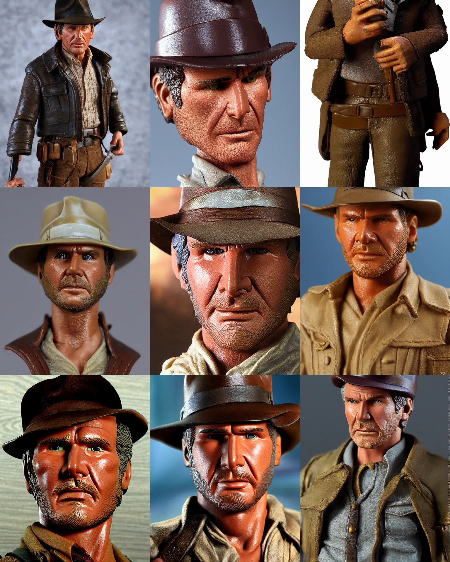 Prompt: harrison ford indiana jones, neca!!! f matte textured rubber action figure by neca face close up headshot in the style of neca, character by neca, real kodak film still, undersaturated