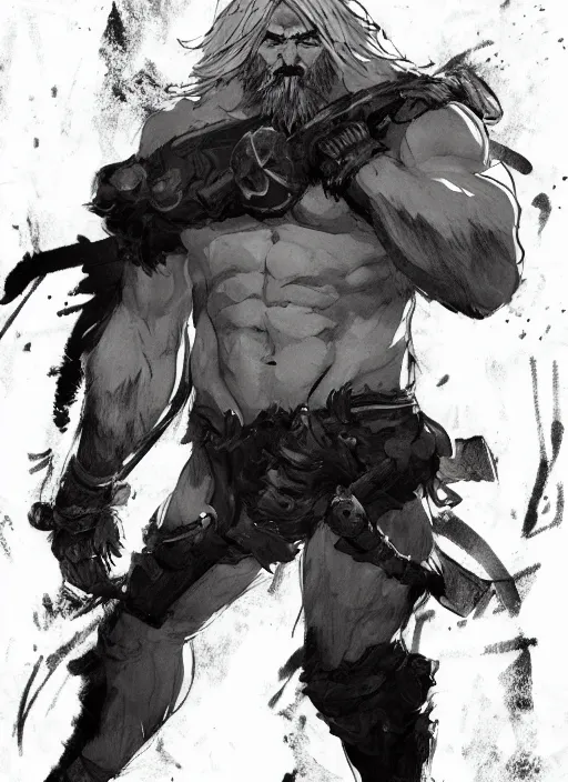 Image similar to Full body portrait of an old muscular man with blonde hair and beard wearing bear skin. In style of Yoji Shinkawa and Hyung-tae Kim, trending on ArtStation, dark fantasy, great composition, concept art, highly detailed.