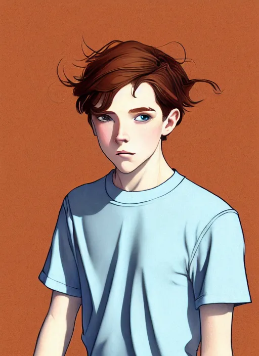 Image similar to art nouveau portrait of a teen boy with completely straight auburn hair, light blue eyes, pale skin, freckles, sad expression, t - shirt, modern casual clothing, natural lighting, path traced, highly detailed, high quality, cartoon, digital painting, by don bluth and ross tran and studio ghibli