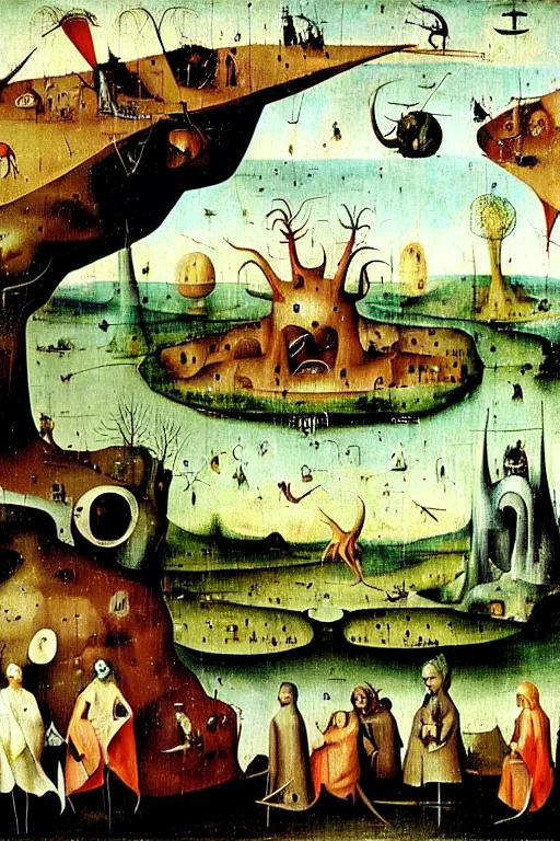 Image similar to a beautiful landscape with weird creatures by hieronymus bosch and dali