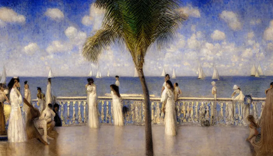 Image similar to a ultradetailed beautiful painting of the night sky of the great amazonas river golden white palace balustrade designed by jules bastien - lepage, tarsila do amaral, frank weston and gustave baumann, beach, trending on artstation, mediterranean, palm trees, sharp focus, sail boats, soft light, 8 k 4 k