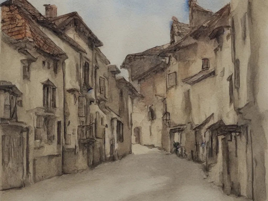 Image similar to a street in a old small village, pencil and watercolor, detailed