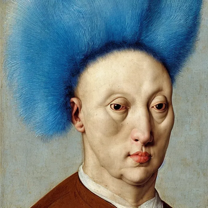 Image similar to close up portrait of a mutant monster creature with white fluffy moth pouf, exotic lily ears, delicate blue conch corns. by jan van eyck, audubon