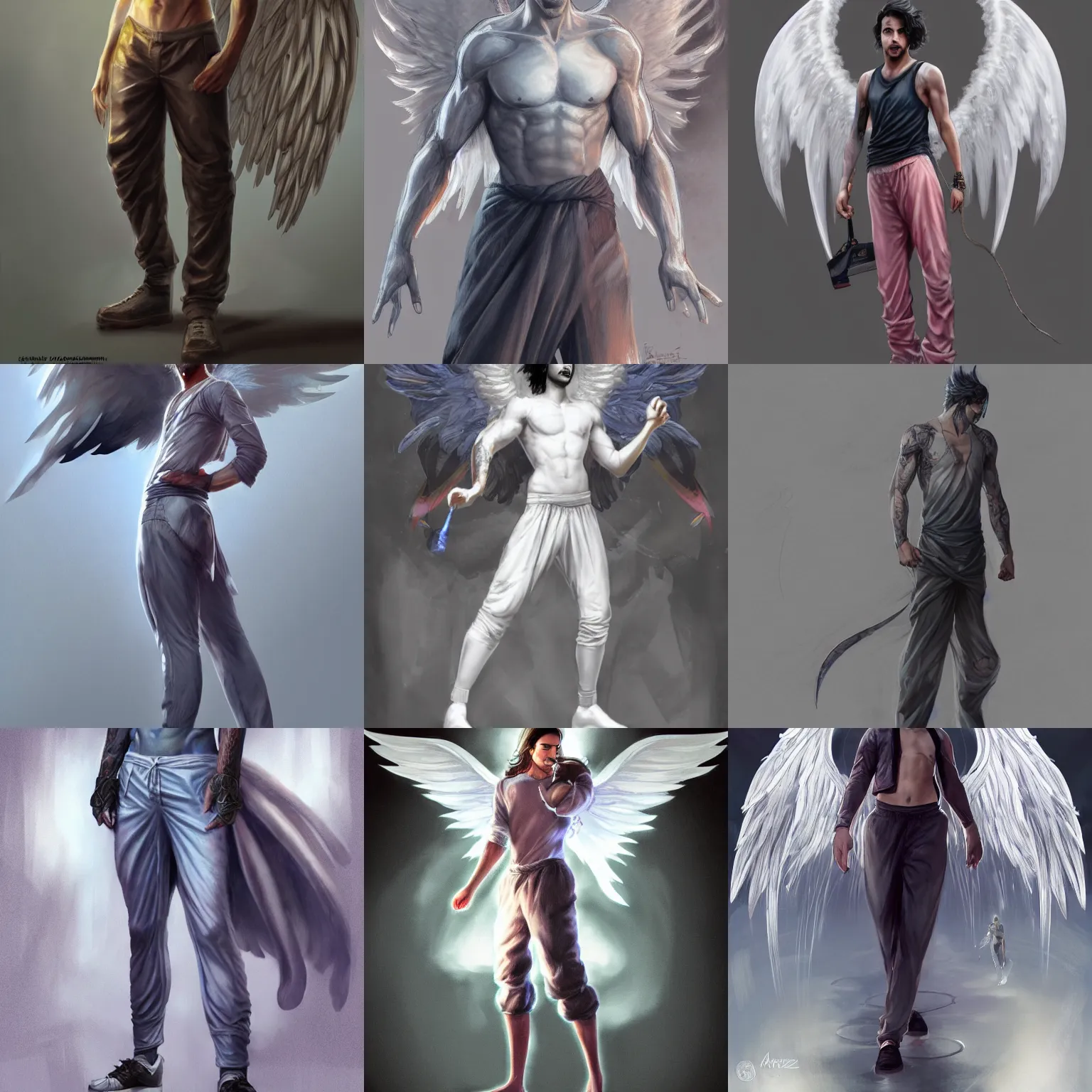 Prompt: distant full body shot, avan jogia as an angel in sweatpants, style digital painting, concept art, smooth, sharp focus, illustration by artgerm, yoshitaka amano, krenz cushart, shinji aramaki