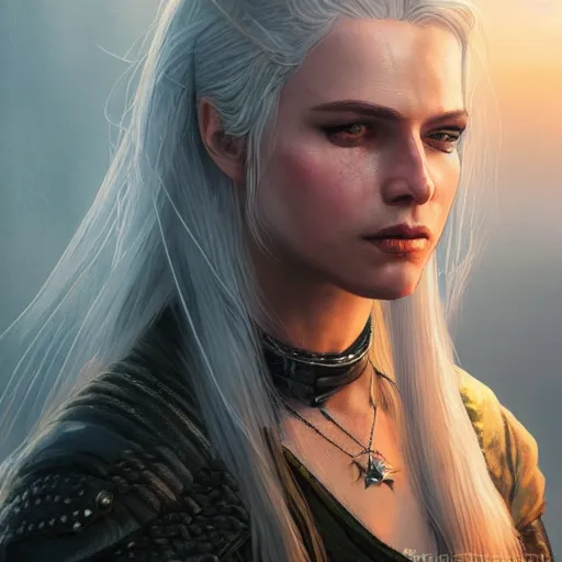 Image similar to witcher princess, posing heroically, heavenly, full body close-up shot, elegant, realistic character concept, high fantasy, light atmosphere, golden ratio, cinematic lighting, hyperdetailed, high resolution, insanely detailed and intricate, artstation, Marc Simonetti, Greg Rutkowski, octane render, 8k