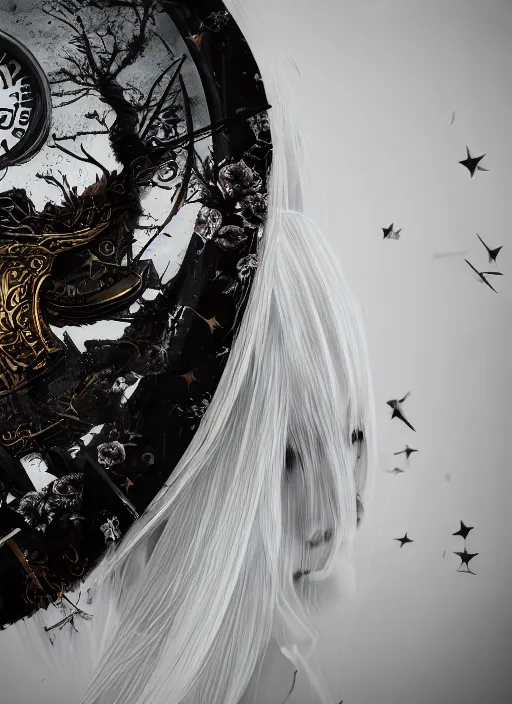 Image similar to a realistic detail portrait of a pretty huntress dress black clock has white hair, battlefield, goth, around flower, abandoned, shining star, traveller, raining, mist by Wolp, Sparth, Paul-chadeisson, Dylan Cole, Jin Kim, black scheme, 8k, Unreal Engine 5