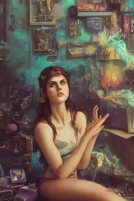 Image similar to alexandra daddario portrait of a vaporwave girl in a cluttered 9 0 s bedroom, by artgerm, tom bagshaw, gerald brom, vaporwave!, vaporwave colors!, lo fi colors, lo fi, 4 k, hd,