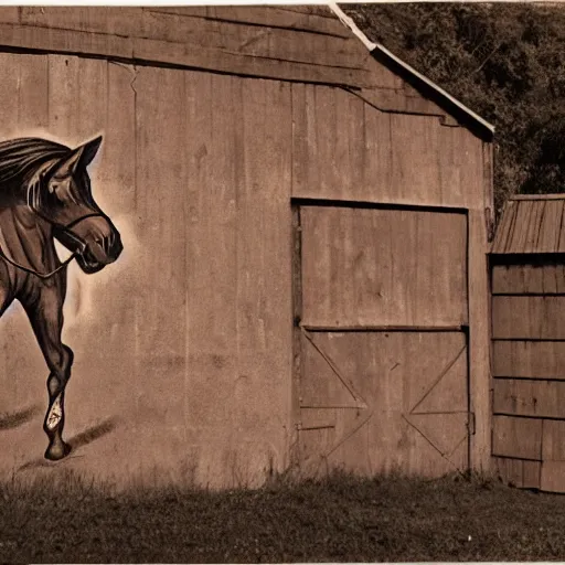 Image similar to ren and stimpy mr horse graffiti on abandoned barn wall, 1940s photography