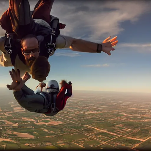 Image similar to portrait of jesus skydiving, realistic artstyle, wide shot, dramatic lighting, octane render, hyperrealistic, high quality, highly detailed, HD, beautiful, cinematic, 8k, unreal engine, facial accuracy, anatomical accuracy, symmetrical