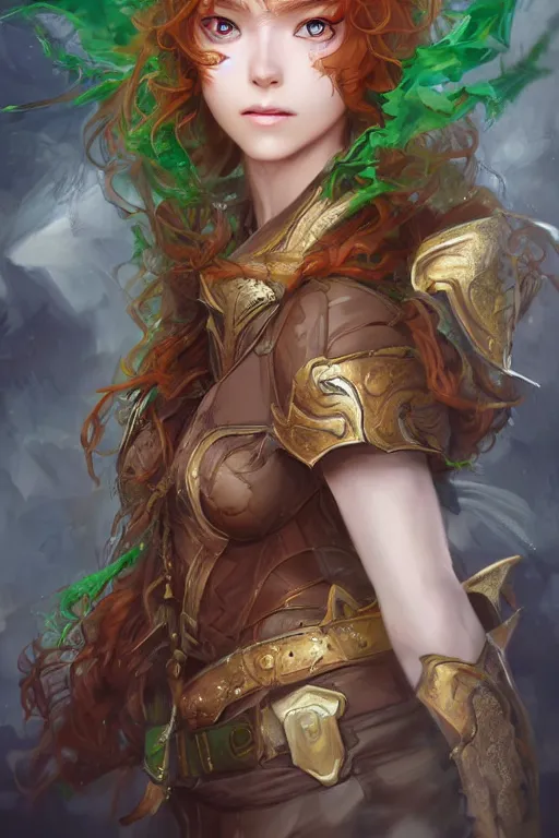 Image similar to A realistic anime portrait of long curly haired redhead female ranger wearing an intricate fantasy ranger outfit, asian facial features, green eyes, digital painting, by Stanley Artgerm Lau, Sakimichan, WLOP and Rossdraws, digtial painting, trending on ArtStation, SFW version