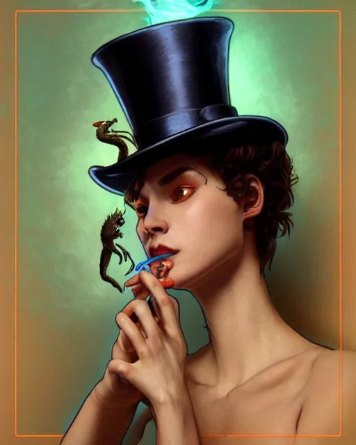 Prompt: close portrait with the creature, a toad with a top hat, smoking weed, vaporwave, bedroom, highly detailed, digital painting, artstation, concept art, smooth, sharp focus, illustration, art by artgerm and greg rutkowski and alphonse mucha