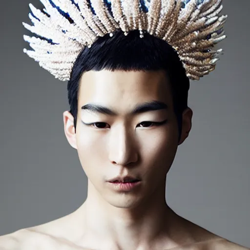 Prompt: a beautiful young male asian model wearing a headpiece made by maiko takeda, photoshot by erwin olaf