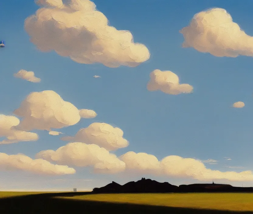 Image similar to a very detailed painting of a spaceship in the sky, spaceship in the style of shaun williams on artstation, baby blue sky with very aesthetic clouds, in the style of edward hopper and huggo pondz, very fine brushstrokes, 4 k,