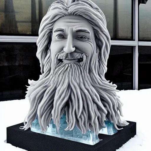 Image similar to a flawless, purely ice sculpture of a man with long hair, with trimmed beard, smiling widely. ice statue, extremely detailed, award-winning art, trending on Artstation