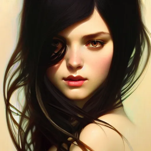 Image similar to a beautiful girl with long black hair, fantasy, portrait, sharp focus, intricate, elegant, digital painting, artstation, matte, highly detailed, concept art, illustration, ambient lighting, art by ilya kuvshinov, artgerm, alphonse mucha, and Greg Rutkowski