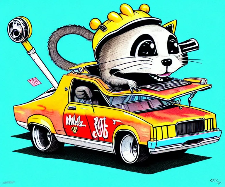 Prompt: cute and funny, racoon wearing a helmet riding in a tiny 1 9 7 4 mercury cougar funny car, ratfink style by ed roth, centered award winning watercolor pen illustration, isometric illustration by chihiro iwasaki, edited by range murata