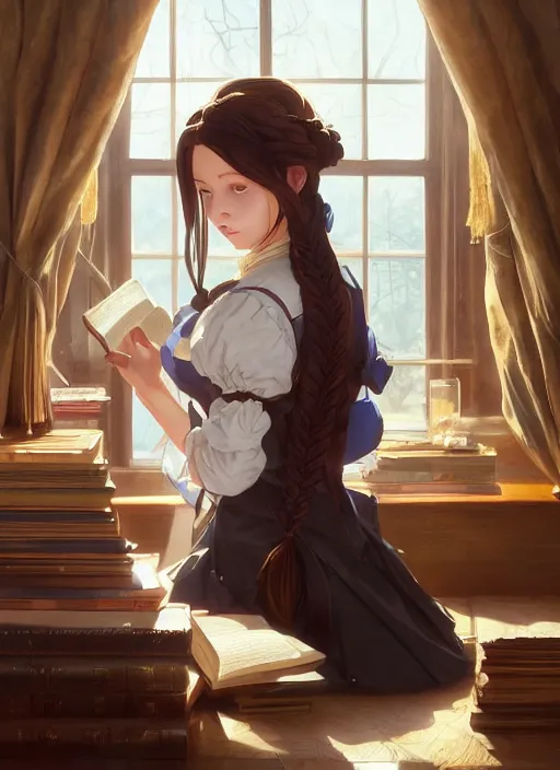 Prompt: a victorian maid with long braided hair in a reading room. African American. By Makoto Shinkai, Stanley Artgerm Lau, WLOP, Rossdraws, James Jean, Andrei Riabovitchev, Marc Simonetti, krenz cushart, Sakimichan, trending on ArtStation, digital art.