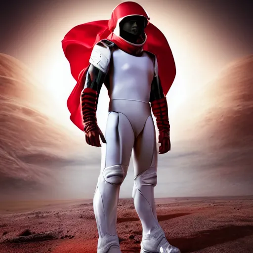 Image similar to portrait of a tall athletic muscular infantry man in glossy sleek white armor with tiny red details and a long red cape, heroic posture, on the surface of mars, night time, dramatic lighting, cinematic, sci-fi, hyperrealistic, movie still