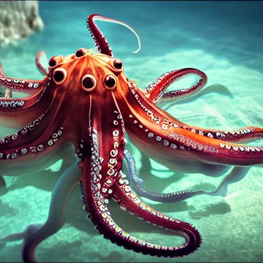 Prompt: A octopus in the ocean centered-photograph film still, dynamic action pose, National Geographic, insane detail, intricate, highly detailed, Zeiss Lens, DSLR photography, smooth, sharp focus, Unreal Engine 5, Octane Render, 85mm lens Redshift, depth of field 8K