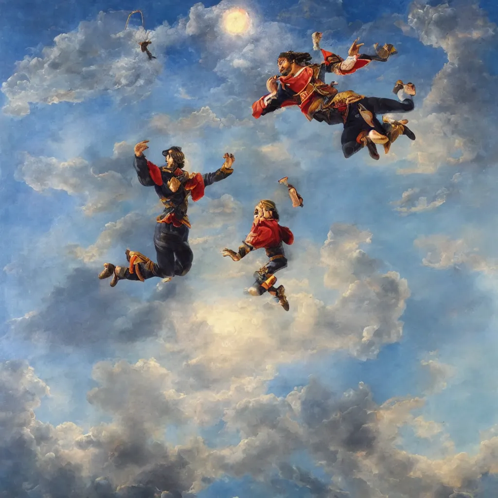 Image similar to full body oil painting of man jumping from a castle in the air