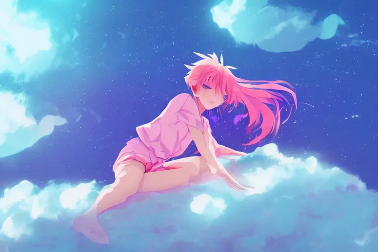Image similar to a cute anime girl sleeping on a cloud, misty, glows, digital art, hazy, foggy, ambient lighting, 8 k, neon, synthwave,