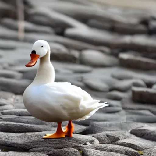 Prompt: a white duck, standing by molten lava