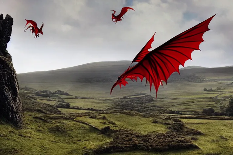 Image similar to welsh countryside with a red dragon flying over still from game of thrones