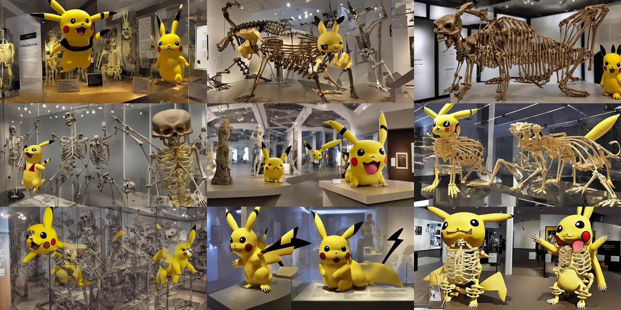 Prompt: pikachu skeleton on display in a museum