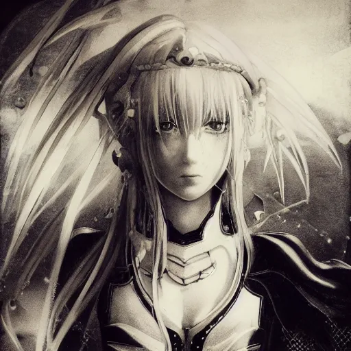 Image similar to yoshitaka amano realistic three quarter angle illustration of an anime girl with black eyes, wavy white hair fluttering in the wind and cracks on her face wearing elden ring armour with engraving, abstract black and white patterns on the background, noisy film grain effect, highly detailed, renaissance oil painting, weird portrait angle, blurred and dreamy old photo