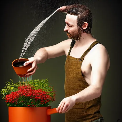 Image similar to man pouring water on head, flowers are in a pot on his head, the pot is part of his head, high detail, 8K digital art