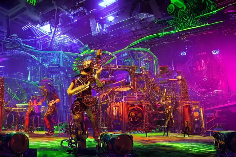 Image similar to a concert stage with audience, on stage is a rockband with 3 steampunk robots with guitars and drums, center of the stage is a big futuristic steampunk generator with gears and belts and tubes, laser show, 8 k, fluorescent colors, halluzinogenic, multicolored, exaggerated detailed, unreal engine