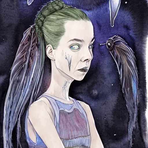 Prompt: full body detailed watercolor illustration of alien anya taylor - joy mixed with jennifer connelly, unsettling, hooded long black feathered cloak, uncanny valley, with black feathers instead of hair, gothic, reading a book, guillermo del toro, gray mottled skin, pale and sickly, profile view, - - ar 9 : 1 6