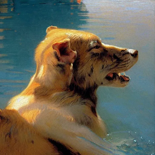 Image similar to a portrait of an animal in the pool. highly detailed painting by gaston bussiere, craig mullins, j. c. leyendecker, furry