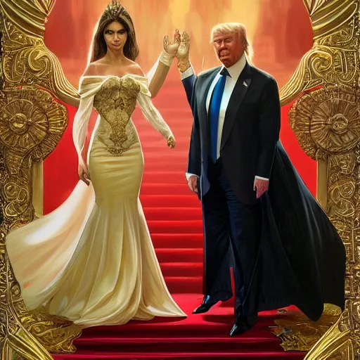 Image similar to vladimir putin marrying donald trump, elegant, highly detailed, digital painting, artstation, concept art, smooth, sharp focus, illustration, art by artgerm and greg rutkowski and alphonse mucha