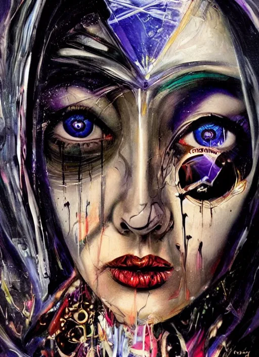Prompt: gorgeous magic cult psychic woman smiling, third eye, energetic consciousness psychedelic, epic surrealism expressionism symbolism, story telling, iconic, dark robed, oil painting, symmetrical face, dark myth mythos, by Sandra Chevrier , H R Giger, masterpiece cinematic composition, dramatic pose, beautiful lighting, sharp, details, hyper-detailed