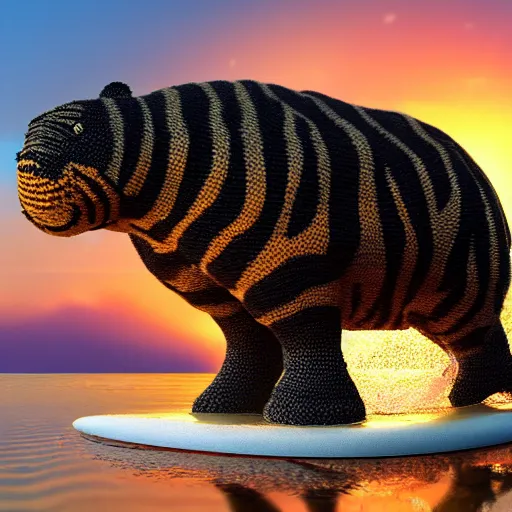 Image similar to a closeup photorealistic photograph of a cute smiling knitted tiger hippopotamus chasing a beachball at sunset. surf in the background. professional capture. this 4 k hd image is trending on artstation, featured on behance, well - rendered, extra crisp, features intricate detail, epic composition and the style of unreal engine.