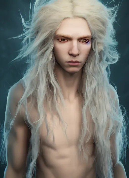 Prompt: An epic fantasy comic book style portrait painting of a pale albino androgynous prince with long fluffy curly blond hair and delicate sharp glass angled features, unreal 5, DAZ, hyperrealistic, octane render, cosplay, RPG portrait, dynamic lighting