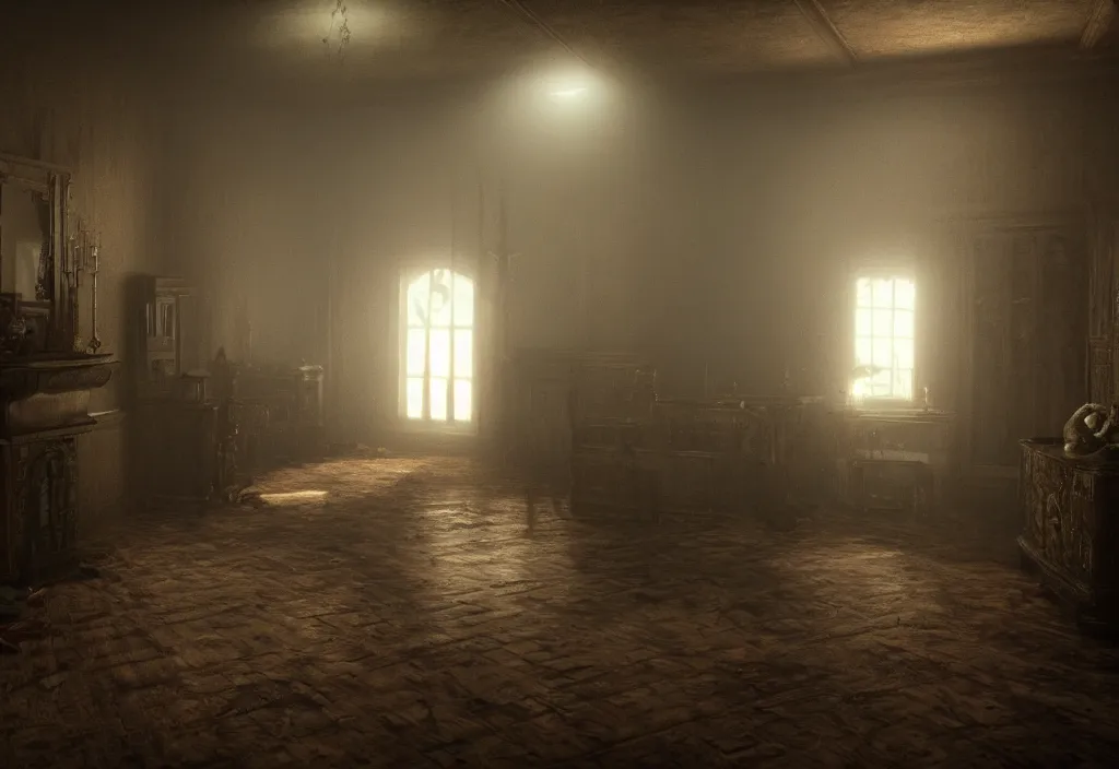 Image similar to eldritch demon ghosts in a room of a haunted house. realistic, cinematic lighting, octane tender, dark - art