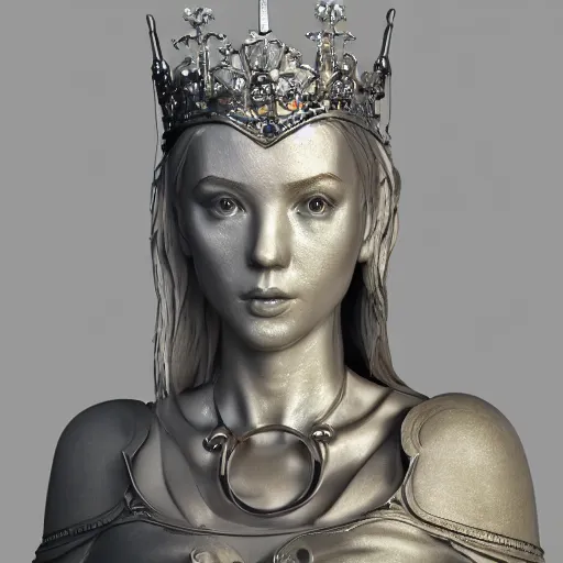 Prompt: statue young woman queen, chrome, reflect 8 k uhd, unreal engine, octane render in the artstyle of finnian macmanus, john park and greg rutkowski