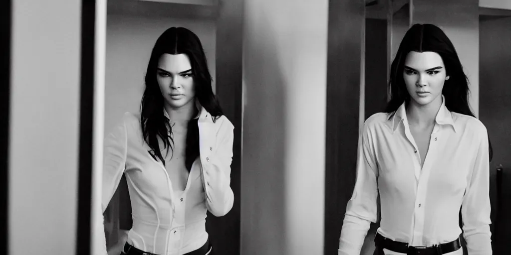 Image similar to ultra wide angle photo of kendall jenner dressed in a white blouse and black dress pants as diana prince looking at herself in a bathroom mirror and seeing her reflection as wonder woman