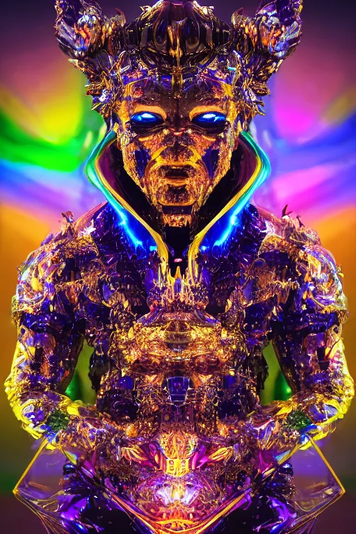 Image similar to hyper detailed ultra sharp portrait of baroque and bladerunner delicate neon sapphire sculpture of seductive onyx prince royce tigers rainbowiridescent humanoid deity wearing metallic hoody made out of leaves holding the sun prismatic dungeon, glowing rainbow face, crown of white diamonds, cinematic lighting, photorealistic, octane render 8 k depth of field 3 d